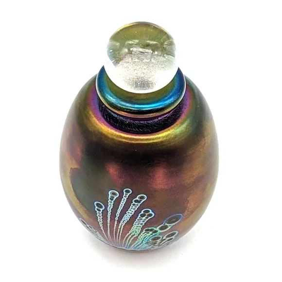 Robert Eickholt Signed Iridescent Art Glass Perfume Bottle Purples Blues 1990 - Picture 3 of 12